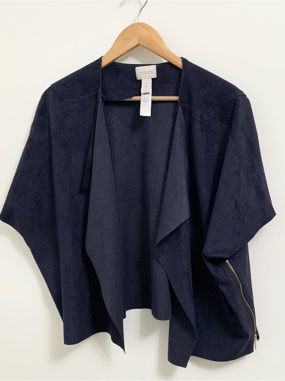 Chicos Faux Suede Open Cardigan Jacket Navy Side Zip 3 - Womens XL